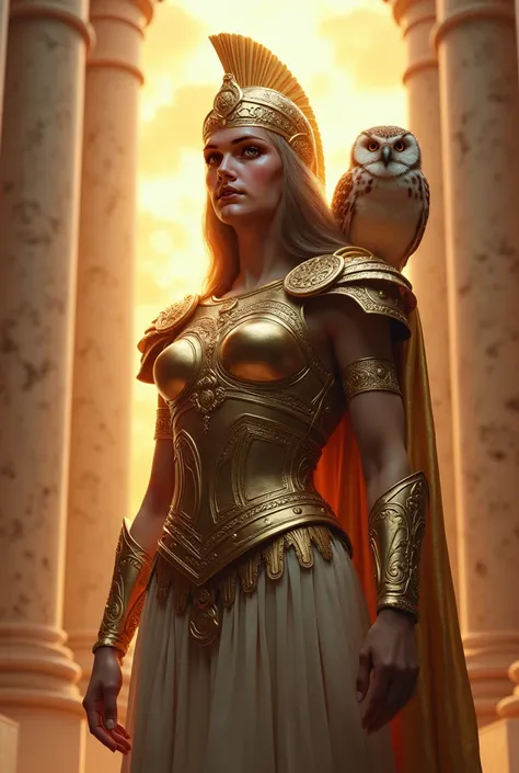 **"A hyper-realistic depiction of the goddess Athena standing tall and poised in a serene yet powerful pose. Her armor gleams with golden accents, and she wears a radiant helmet adorned with intricate patterns of wisdom. Behind her, a dramatic celestial gl...