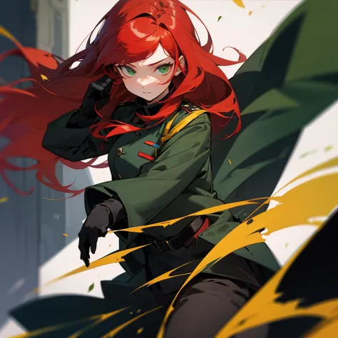 1girl, red hair, long hair, green eyes, black military outfit, military general outfit, black gloves.