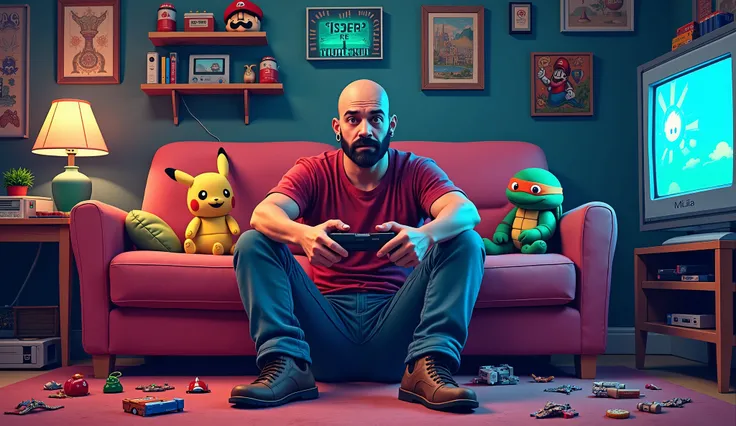 In a gaming room, sitting on the floor carpet, a man with no hair on his head, a short dark beard, and wearing earrings in his ears, playing video games in front of a CRT TV. In the background, theres a sofa with Pokémon, The Legend of Zelda and Mario stuf...