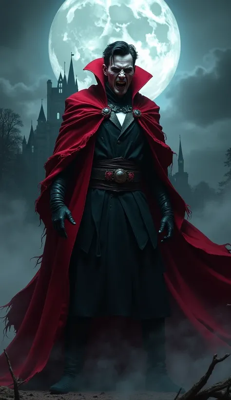 create an image that Doctor Strange in Dracula version, looks realistic, horror, scary, super cool, epic