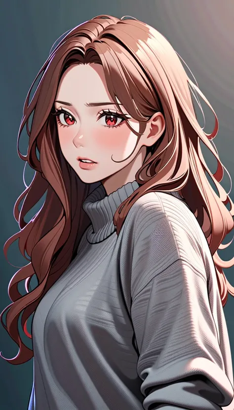 "A woman in her late 20s with wavy chestnut hair cascading over her shoulders. She’s dressed in a simple gray sweater and black leggings, her cheeks glowing red as she nervously bites her lower lip, looking to the side with a flustered expression."

