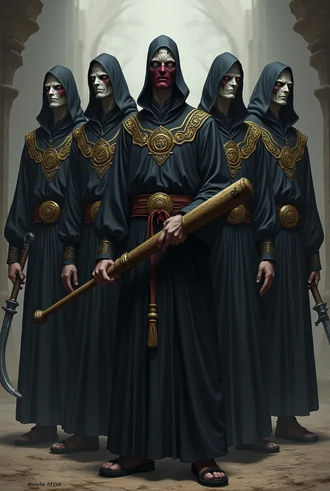  An image of 5 individuals wearing the same black robe with gold details, This cloak must have silver spirals .  The individuals are inspired by the six paths of Pain from the anime Naruto ,  show the faces of individuals who must have different appearance...