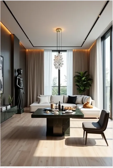 Professional 3d architecture  perspective rendering design of modern and minimal and high tech design for  elegant and luxurious living room  in  elegant and modern apartment with wooden laminate floor and white roof and modern  crystal ceiling lighting an...