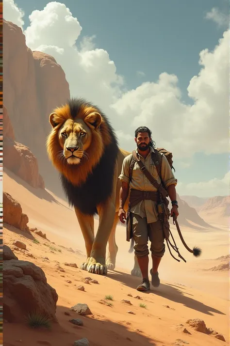 A man walks with a giant lion on the edge of the desert