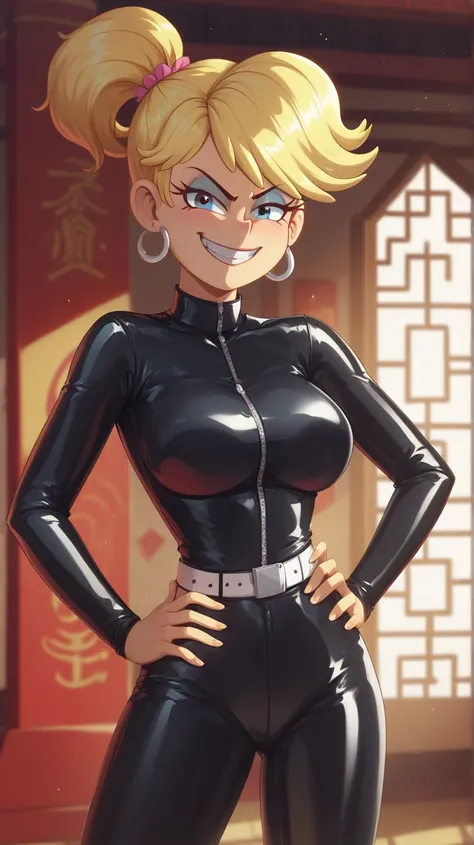 safe_pos, score_9, score_8_up, score_7_up BREAK lola loud, the loud house, 1girl,  BREAK large breasts, BREAK looking at you, black latex suit, evil grin, inside of a chinese temple, blonde, medium hair, hands on the hips