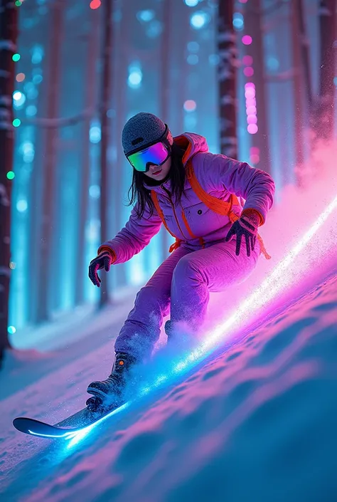 A beautiful Korean female snowboarder, wearing a glowing neon suit, rides through a dense, glowing neon forest. The trees have streaks of neon light along their trunks, and the snow shimmers with a bluish tint as the snowboarder moves. As he accelerates, h...