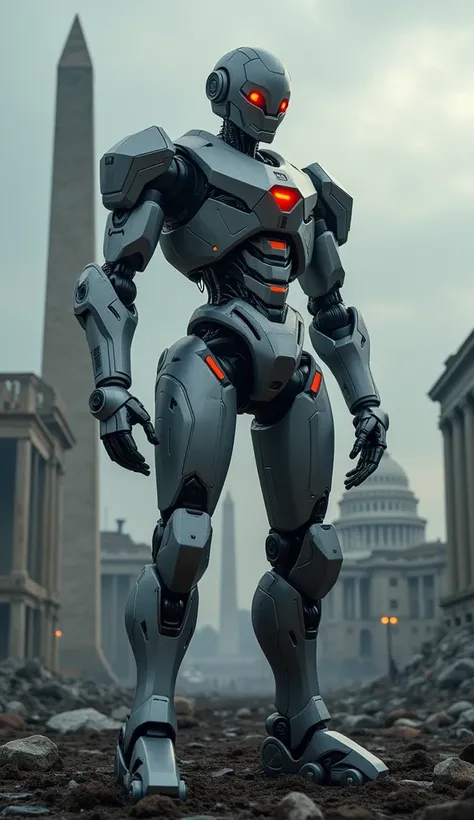 A ai robot standing outside the Washington dc, his eyes are red, and robot less with weapons and Washington destroyed by the robots. HD realistic