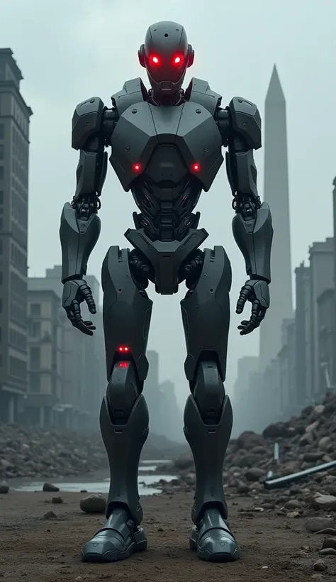 A ai robot standing outside the Washington dc, his eyes are red, and robot less with weapons and Washington destroyed by the robots. HD realistic