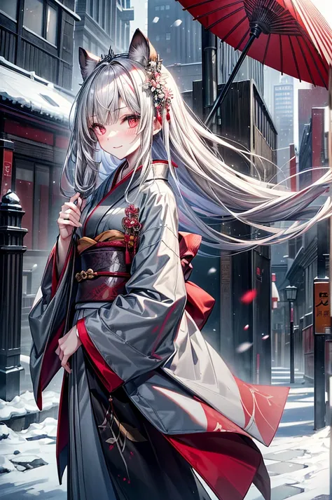 masterpiece,  top quality,(( one girl , slender )),Narrow treeshrees,perfect dark red eyes , (( long gray hair, princess cut)),(( Gorgeous Kimono,Im wearing a coat over my kimono )), pale skin,smile, in a snowy winter city, holding a red Japanese umbrella,...