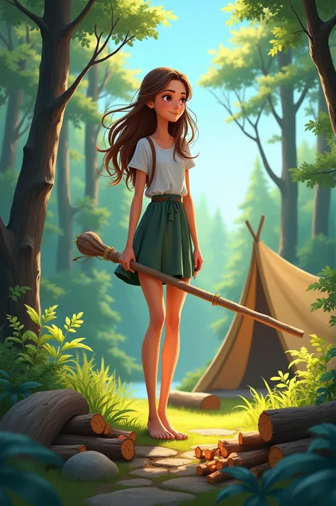 cartoon,beautiful tall teen holding tent fetching firewood