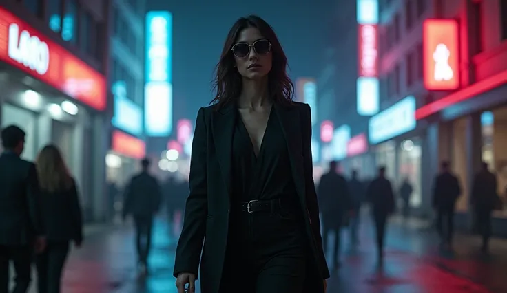 A striking woman in a sleek, modern outfit walks confidently through a bustling urban street at night. Neon lights reflect off her sunglasses, hiding her eyes. Around her, faint, ghostly images of chaos—broken hearts, shattered glass, and faces of those sh...