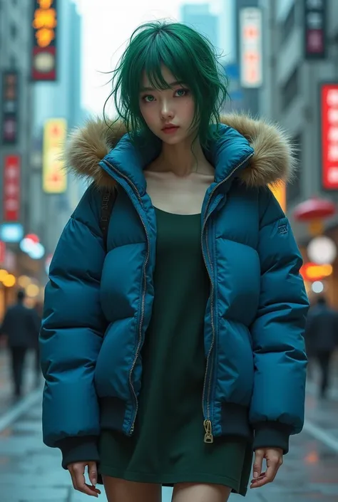 an image of a young Japanese woman who is extremely beautiful and attractive she is very thin ,  has a short height and her face is oval She has slightly messy green short hair and also green eyes she is wearing a puffer jacket in the color deep dark blue ...