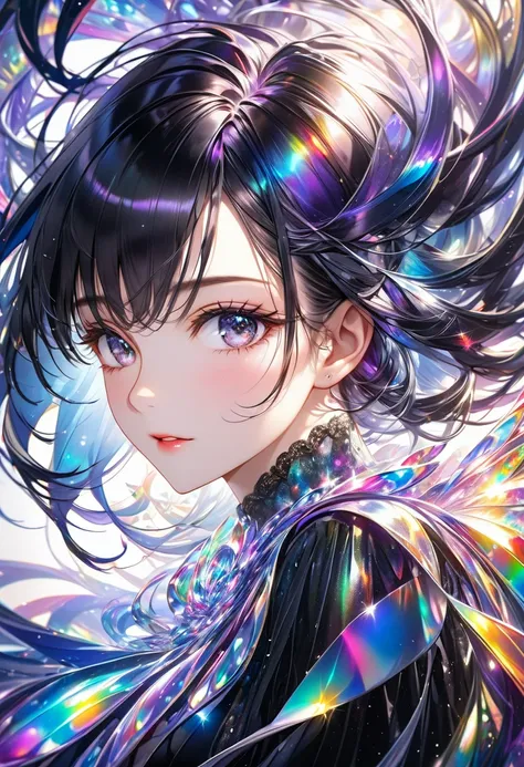 medium shot, beautiful woman, iridescent shining black hair, vivid and seductive expression, professional composition, ultra detailed, absolutely resolution, masterpiece