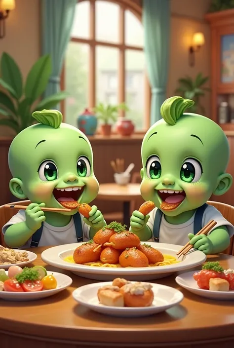 For anime-style green babies with a happy expression while eating delicious food at a restaurant