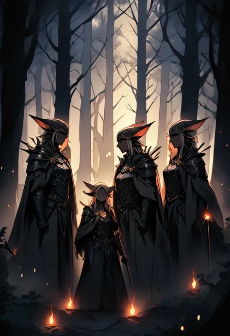 In the darkness of the night, a group of dark-skinned dark elves gather at the edge of the dense forest that separates the territories of the Umbra and the Alba elves. Their dark armor gleams faintly in the starlight, almost blending into the shadows aroun...