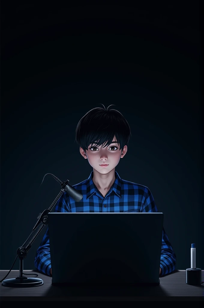 A boy 21 year boy is sitting in front of a computer desk with a mic and laptop.he is wearing a blue and black checked shirt and has a black hair in against a black themed background 