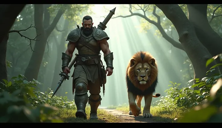 Generate 3d animated image of a worrier in deadly forest like Amazon ... And a lion beside him walking sealout shot 