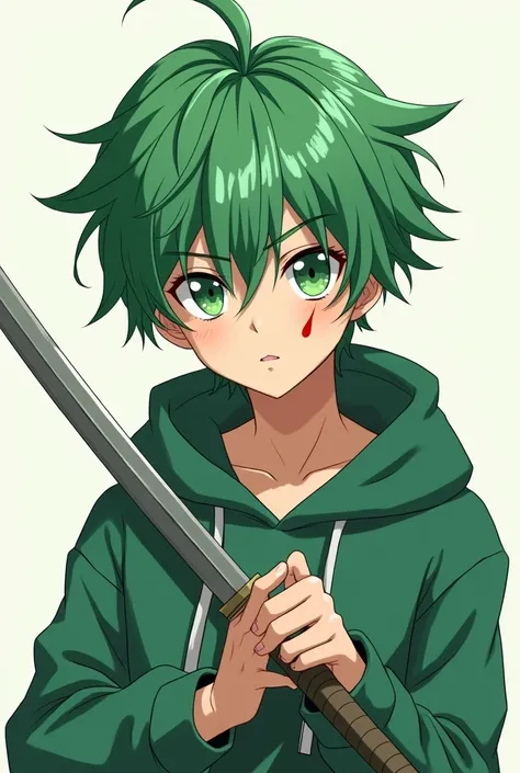 Create a picture of an anime boy wearing green huddy and has green hair and a cut ein left eye holding sword face visible
