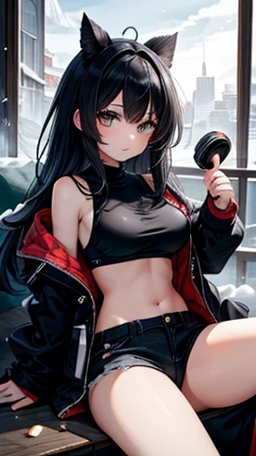 最 High Quality 、  best image quality、​masterpiece、Teenage Girl(( black duffle coat holding a torch、 black sports bra、 Black Trousers 、 can of coffee in hand 、18 years old、 age、 best bust 、Large bast, dark eyes,   long black hair、Slender,Big Valley、 shows t...