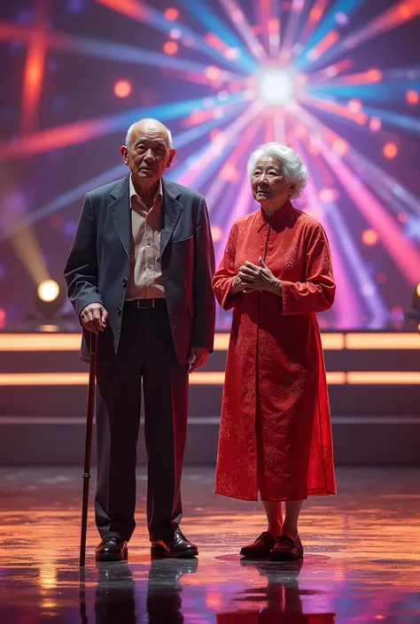 Create an ultra-realistic image of an elderly Chinese couple standing side by side on a brightly lit stage like Americas Got Talent with a highly reflective floor. The old man is holding a cane and wearing a very simple outfit, with a very tired and sad ex...