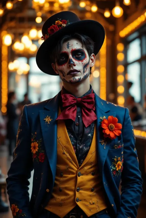 A young man, likely in his late teens or early twenties, with a light complexion and Caucasian features, is dressed in a vibrant Day of the Dead-inspired suit.  The suit is a striking mix of deep blue and bright mustard yellow.  A stylish vest, also mustar...