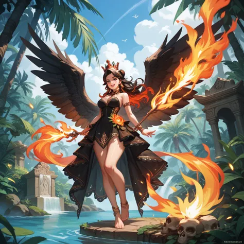    fullbody highlights Beautiful Korean woman wearing shiny black dress beautiful wings shape of a flaming fire, crown, standing on the water under the feet of a circle of sparks inscribed  "QUEEN FIRE "  on the jungle background there is a statue of Monke...