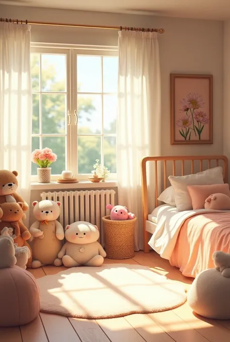 rens bright cozy room, lots of light, stuffed animal toys, light background and floor, all in white and brown tones