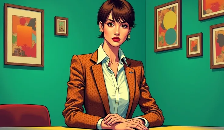 Create a brown-haired woman character with the same cut as a man,  wearing a white dress shirt and a brown-orange blazer in the shape of a comic book, with a green wall and small pictures in the background and hands on the table, I want the drawing highlig...