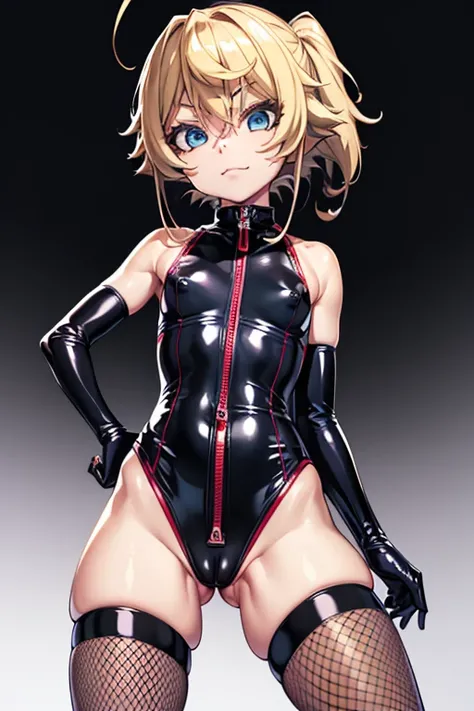 Tanya、 girl、One person、 small、 small胸、、 evil smile、 Max Image、(highleg:1.3),(shiny clothes:1.2),(zipper clothing:1.2),bare shoulders,elbow gloves, fishnet legwear, fishnets, gloves,(skin tight:1.3), thighhighs, ( cameltoe:1.2), (covered nipples:1.1), large...