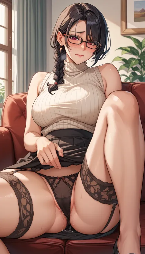 ((   Man Relaxes in the Living Room)、   black hair、Glasses、Age 35、     red Knitted Sweater    、    sleeveless、    Turning His Skirt Over    、Grab the skirt、   thin panties、    garter belt、    Spreading His Legs Embarrassed   、      pussy juice 、 