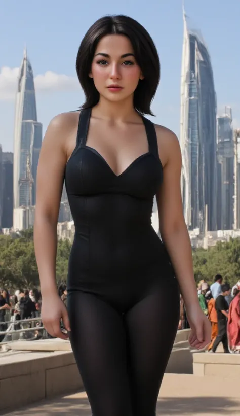 portrait of Hania Amir, dark black hair, as a supergirl, busy city street,4K quality, focused portrait, tight costume, sexy curves, cyberpunk arab cityscape, arab middle east vibes, (