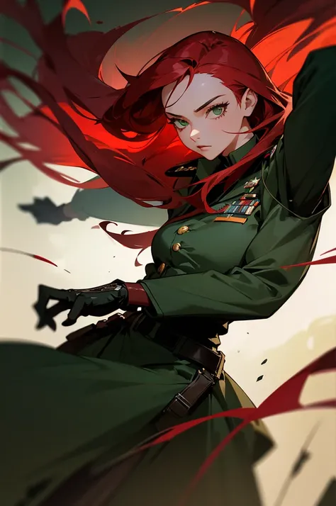 1girl, red hair, long hair, green eyes, black military outfit, black gloves, highly detailed, photorealistic, cinematic lighting, intricate details, dramatic pose, military general, dynamic composition, masterpiece