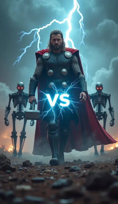 An epic sci-fi confrontation set in a dystopian wasteland under a thunderous storm. The top half of the image shows Thor in his Asgardian armor, wielding Mjolnir as lightning arcs around him. He walks confidently toward the camera, the storm illuminating h...