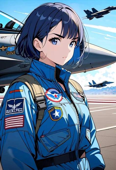 (Masterpiece, BestQuality:1.2),(movie cover art), movie title of "TOP GUN",fighter jet and a Girl wearing a flight jacket standing next to it. bluesky.Precisely detailed fighter jet. BREAK (16yo,(darkblue hair,sleek wavy-short hair),bold eyebrows,middle sm...