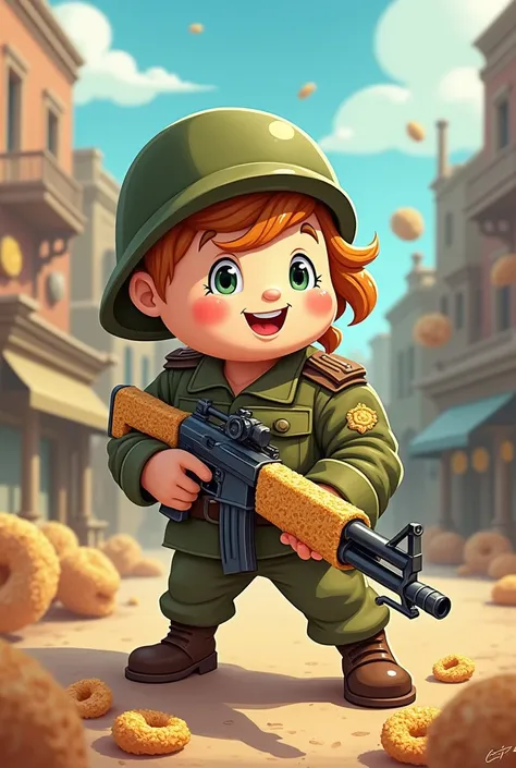 A cartoon living bowl of cereal which is a soldier holding a cereal rifle. The bowl has a face. 