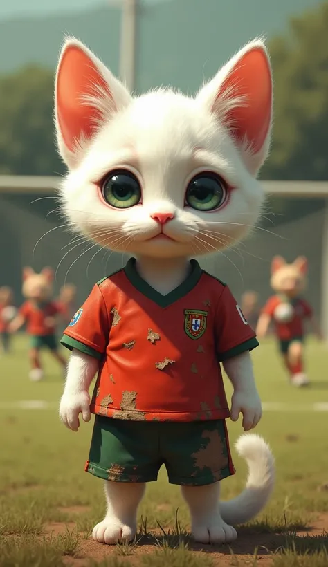 An extremely cute anthropomorphic kitten with fur as white as milk, slightly chubby, wearing a worn-out and dirty football jersey in the colors of the Portuguese national team, but without any symbols. The kitten stands outside a football field, visibly sa...