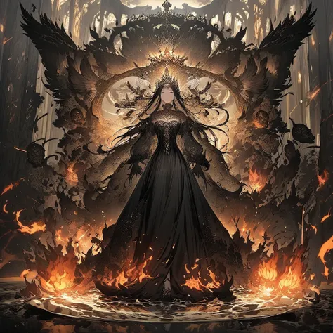    fullbody highlights Beautiful Korean woman wearing shiny black dress beautiful wings shape of a flaming fire, crown, standing on the water under the feet of a circle of sparks inscribed  "QUEEN FIRE "  on the jungle background there is a statue of Monke...