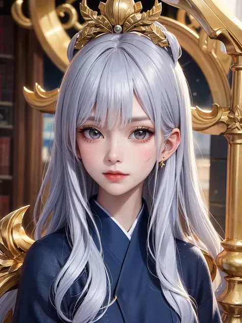 masterpiece， top quality，8k， Detailed Skin Textures ， detailed cloth texture，Beautifully detailed face， complex details， super detailed ，Rei Ayanamiの肖像，Silver Hair，Red colored eyes， black headgear on the head,Pixieカット，Shining Skin Hair Ornaments, gold hair...