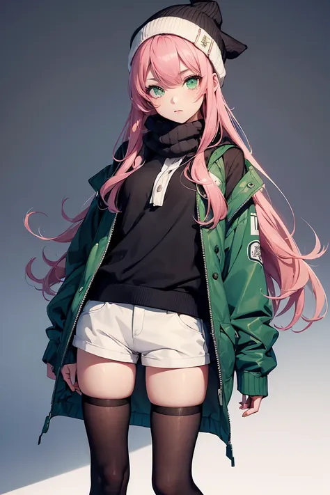 (( 1 girl)), Latest Fashion Trends , scarf, Knitted hat,Im sticking my hand into the blouson jacket  , stockings,  shorts,  pocket ,(( very detailed, top quality,  high definition , 8k wallpaper, Beautiful clothes,)),(( pink hair,  long hair, straight hair...