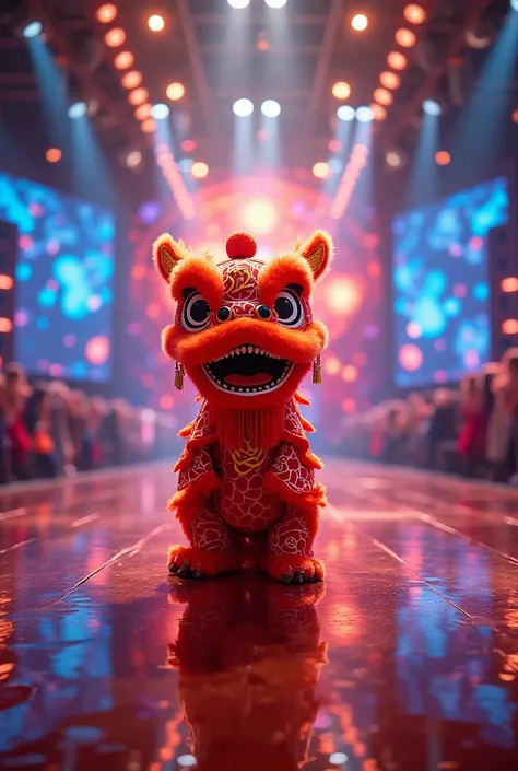 Create an ultra-realistic image of a Chinese dragon on a brightly lit stage like Americas Got Talent with a highly reflective floor. The dragon is centered in the middle of the stage. The backdrop features a vibrant display of colorful lights and patterns,...