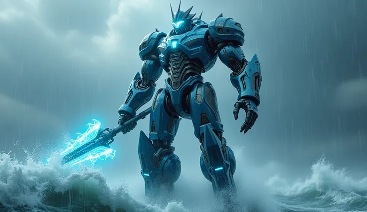 A cinematic depiction of the fusion between Poseidon and a Jaeger robot, resulting in a towering hybrid god-machine that dominates the raging ocean. This character combines the divine elegance of Poseidon with the advanced cybernetic design of the Jaeger. ...