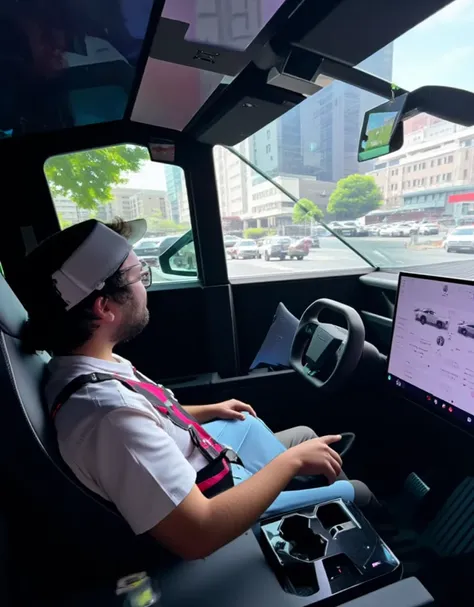 a photo of marlongobierno20 driving at the interiorcybertruck, you can see the city through the glass