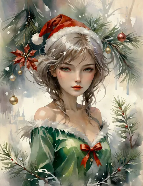 Merry Christmas greetings, the words "Merry Christmas & Happy New Year" are displayed. woman model in a Santa Claus costume, Horizontal fringe hair, super cute. Christmas advertisement, high-end fashion illustration, magazine illustration, watercolor illus...