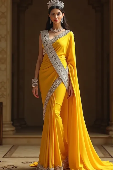 A lady  wear yellow emblished diamond saree with high heels with "Miss universe" sashee with crown

