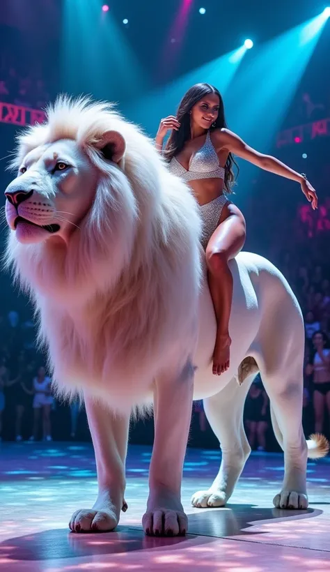 "Create an image of a beautiful woman dancing on the back of a massive white lion. The lion stands powerfully, exuding strength and majesty while the woman dances gracefully on its back, her outfit shimmering under the bright lights. The woman’s attire con...