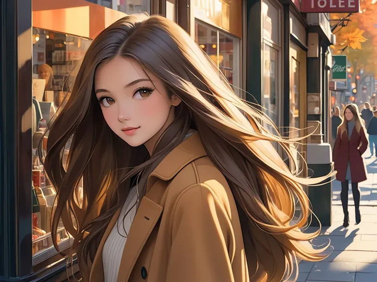 Close Up Today, a young woman turns around at the entrance to a street corner shop. Her long hair is beautiful in the soft autumn light, as is her then-fashionable coat. Around her are other passers-by and show window displays, creating a busy New York aut...