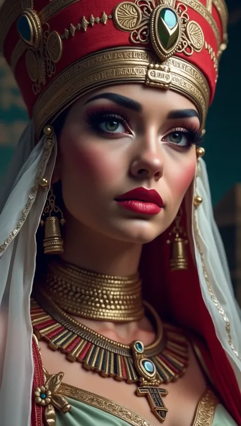 close-up of a very beautiful cleopatra headdress and necklace, Egyptian makeup, egyptian makeup, beautiful cleopatra, inspired by Julia pishtar, Egyptian princess, traditional makeup, cleopatra, face with an artgram, Egyptian, wears an Egyptian ankh neckla...