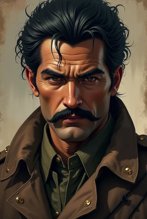 Make an image of Mr. .  Salvaterra — a man with an impressive physique ,  with eyes that showed experience and a moustache so striking that he made him a legendary figure among the rebels. With Colonel clothes and very thin black hair and dark skin tone