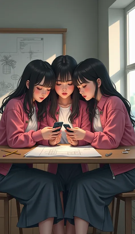 A group of   three realistic  teenage girls in pink jacket top  and grey long skirt sitting in a drafting lab looking at cell phones inside  drafting table  secretely