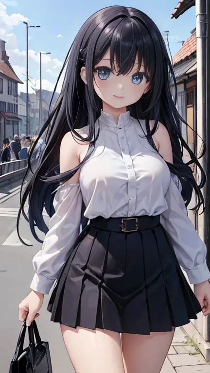 (( One Girl )),  dark blue eyes, (((Same eyes, Same eyesのスタイル))),  long hair,  walking down the street, Age 25, masterpiece, 最 High Quality ,  blue shirt, Chest enhancement,  exposed shoulders flipping through cloth,  white miniskirt ,  skirt lifted and 、 ...